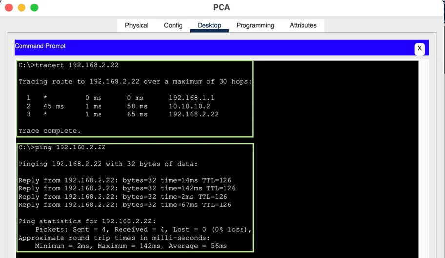 Successful ping and tracert from PCA to PCB