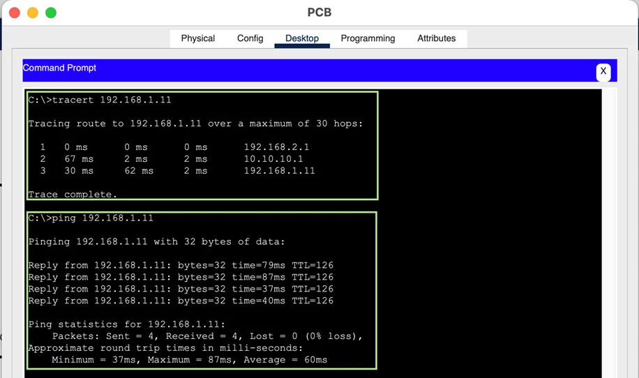 Successful ping and tracert from PCA to PCB