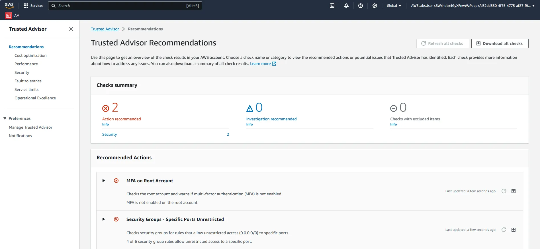 Check Trusted Advisor Recommendations