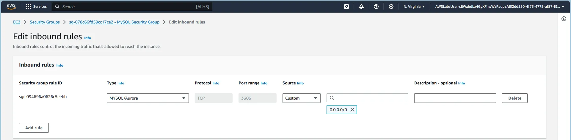 Editing MySQL inbound rule